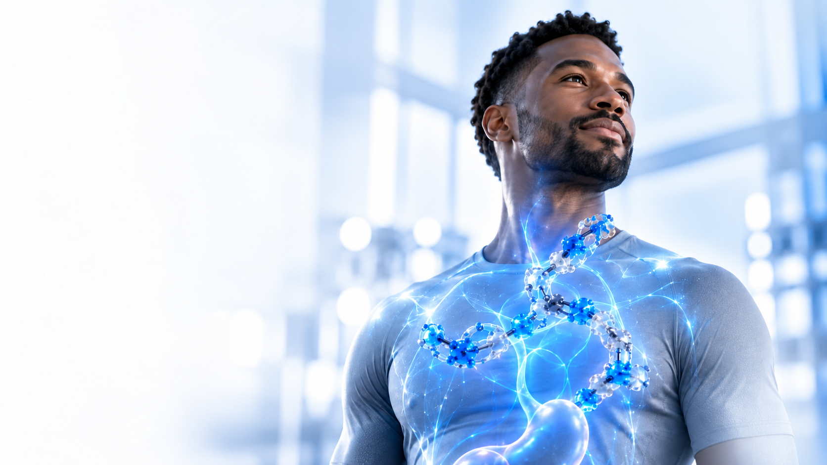 Figura humana con una ilustración molecular de la investigación metabólica.